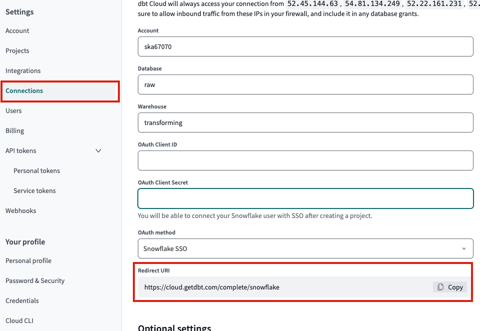 Copy the 'Redirect URI' URL in dbt Cloud and replace it in the 'OAUTH_REDIRECT_URI' field.